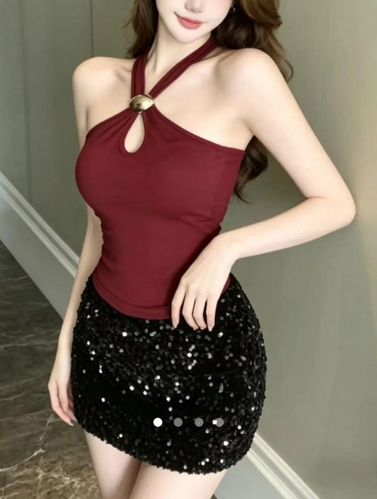 Metallic Decor Halter Top // Burgundy