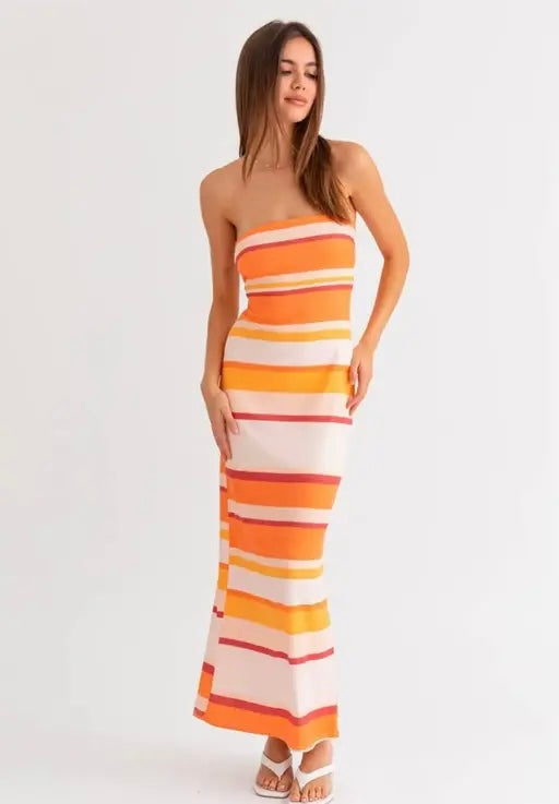 Tube Striped Maxi Dress // Orange