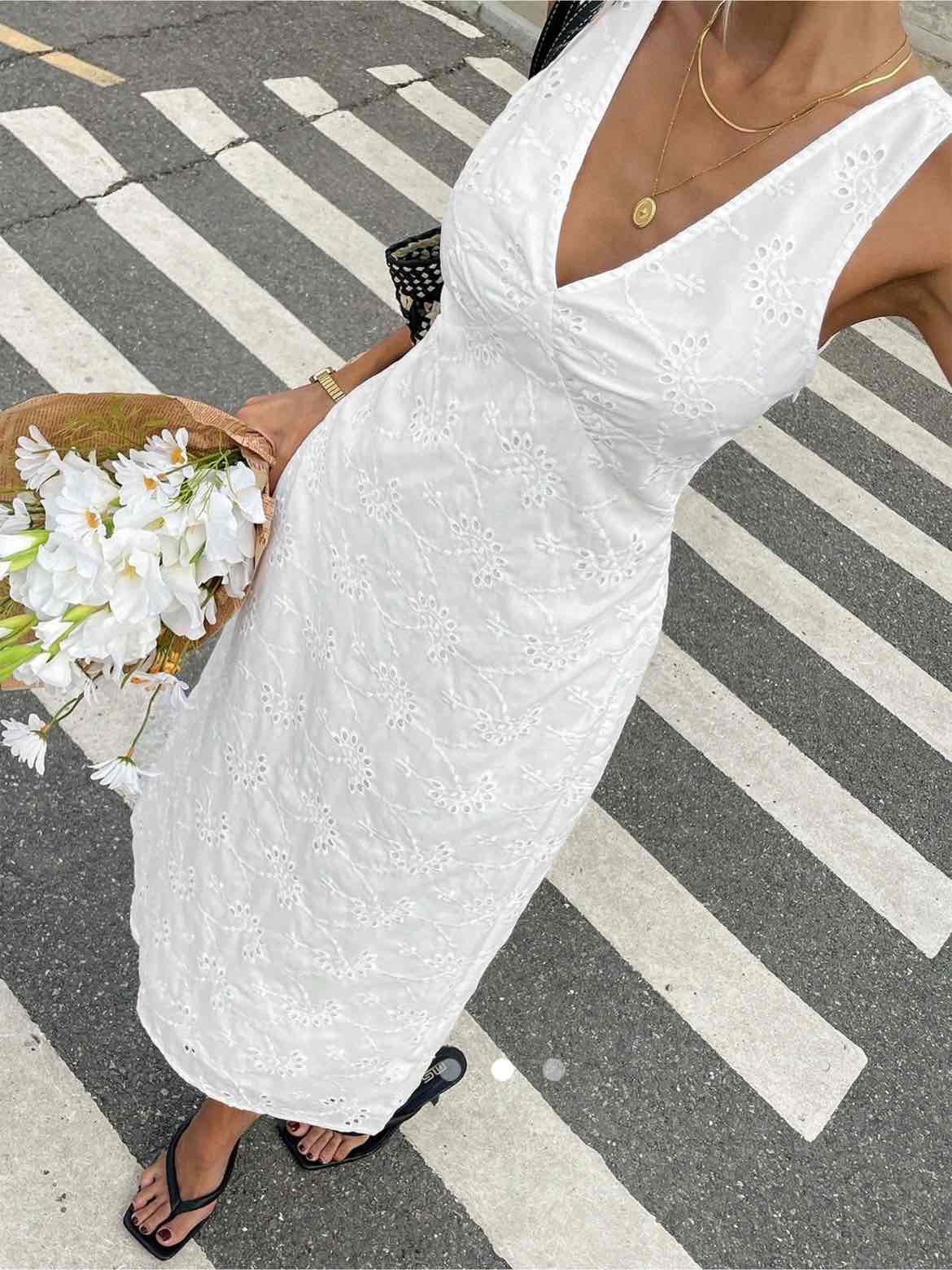 Embroidered Midi Dress // White