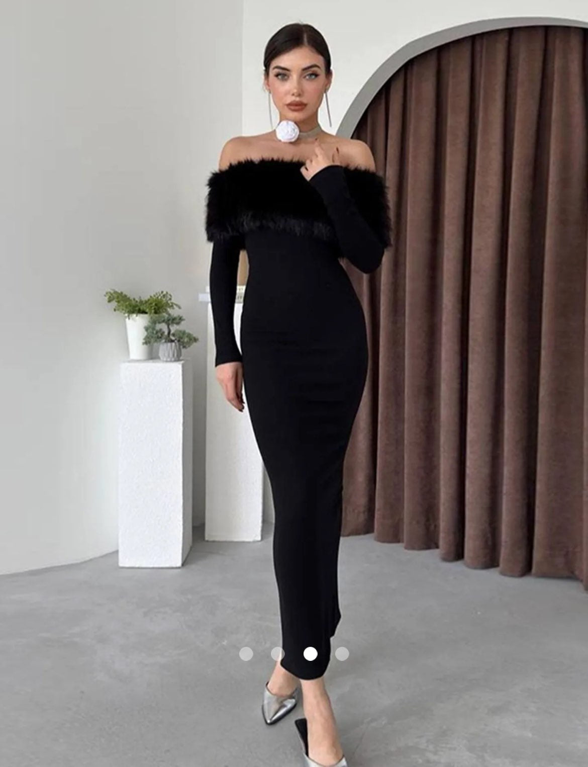 Fur Off Shoulder Dress // Black