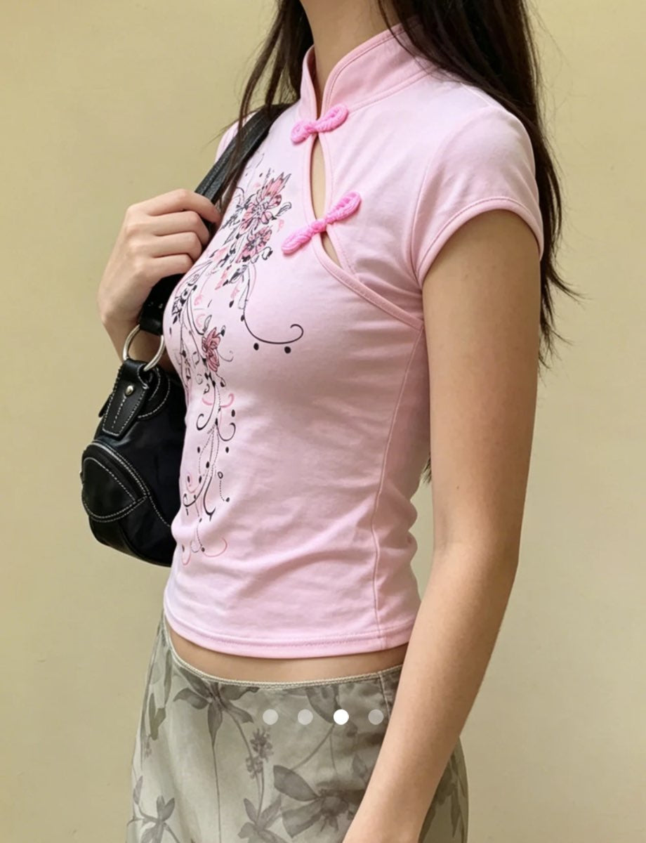 Button Half Placket T-Shirt // Pink