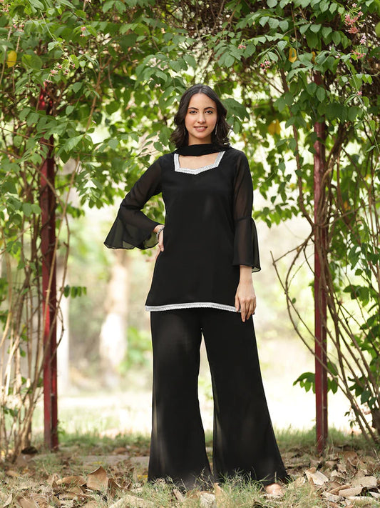 Black // 3pc Kurta Set with Palazzo & Dupatta