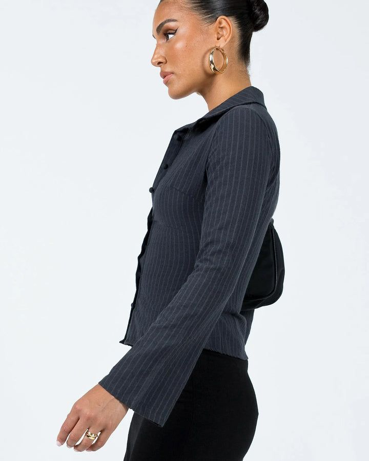 Pinstripes Flared Sleeves Shirt // Black