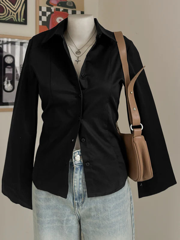 Flared Sleeve Y2K Fitted Shirt // Black