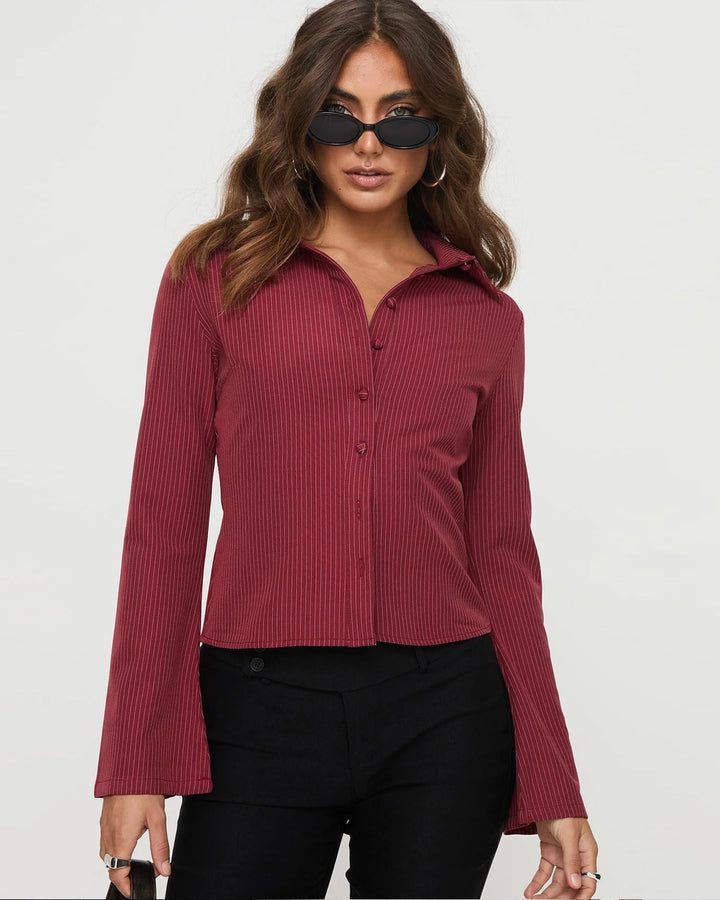 Pinstripes Flared Sleeves Shirt // Red