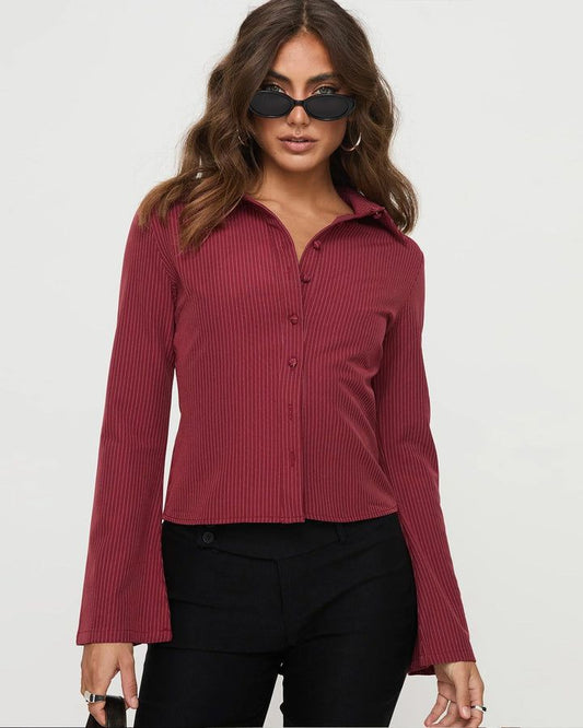 Pinstripes Flared Sleeves Shirt // Red