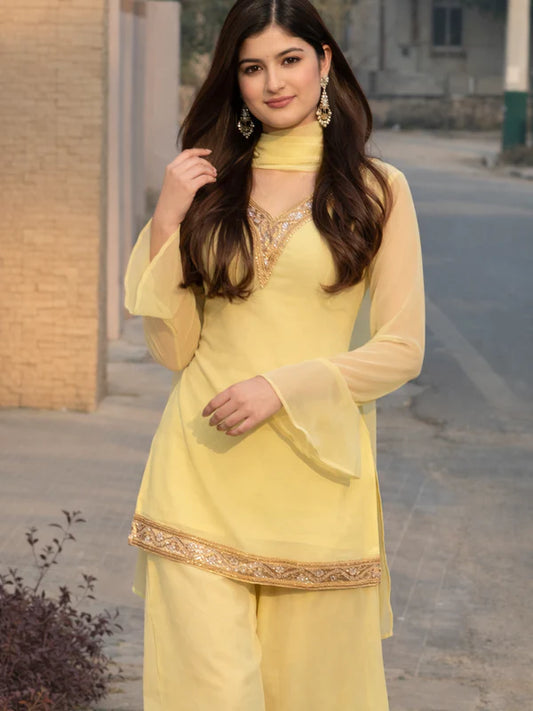 Lemon Yellow // 3pc Kurta Set with Palazzo & Dupatta
