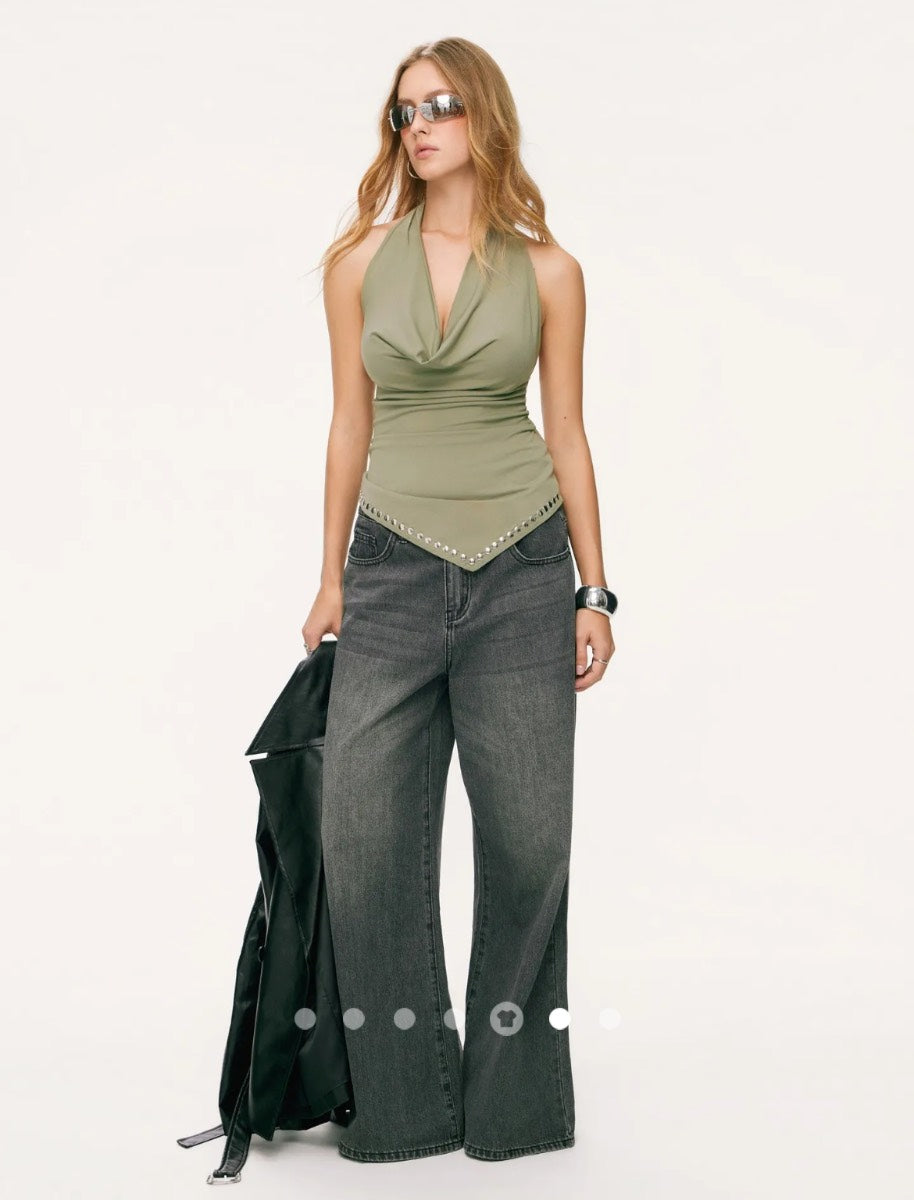 Draped Rivet Halter Top // Green