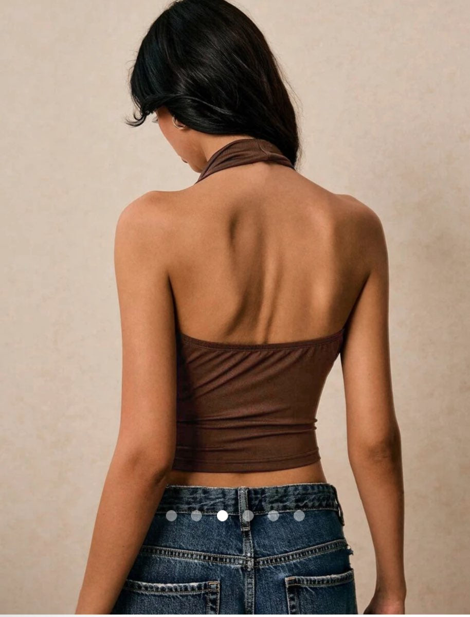 Metallic Décor Halter Top // Brown