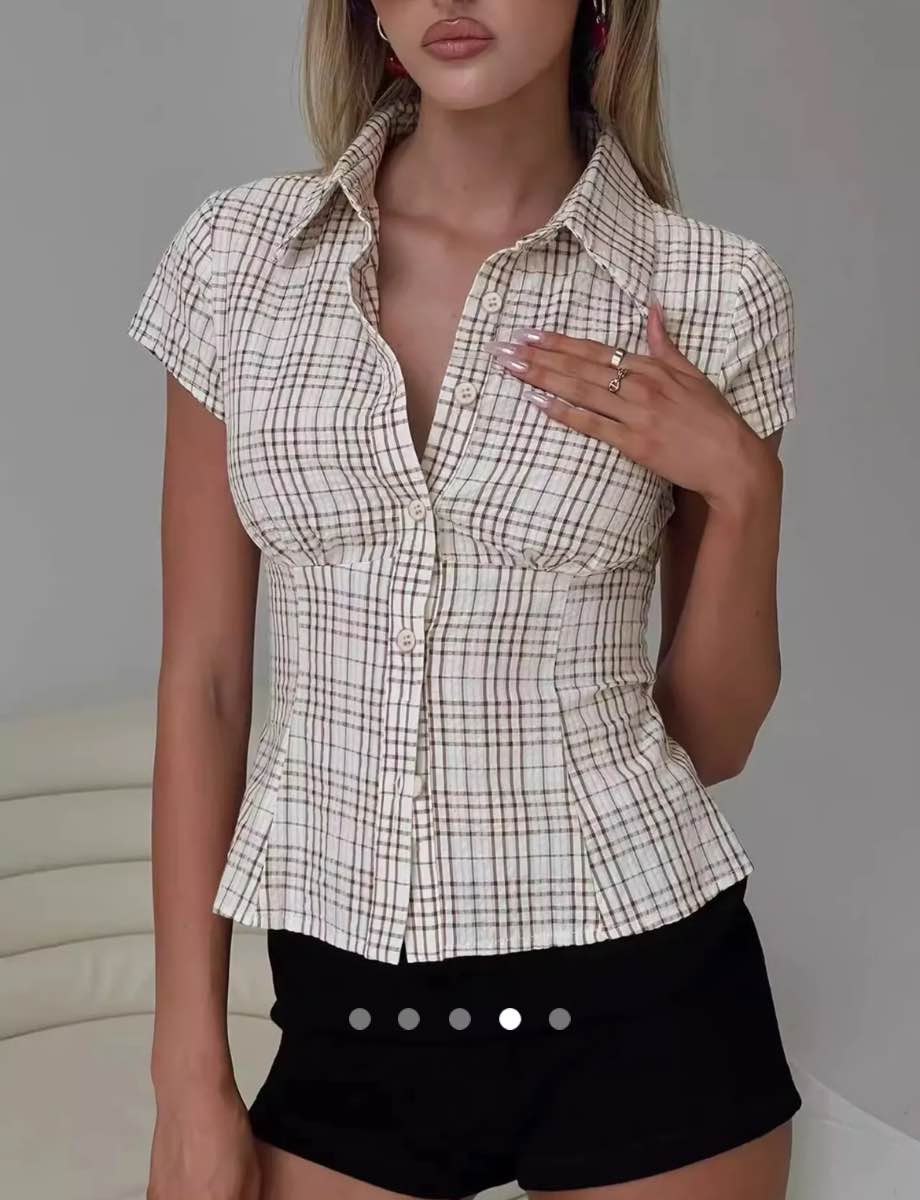 Plaid Short Sleeve Fitted Shirt // Apricot