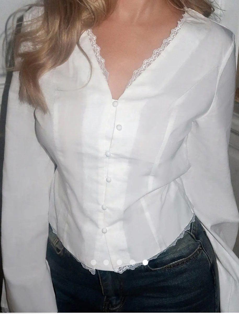 Lace Trimmed Placket Shirt // White