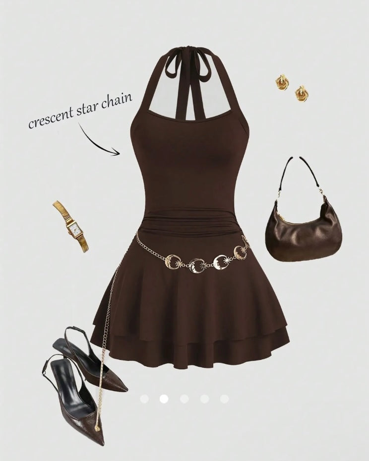 Tie Detail Dress with Chain // Brown