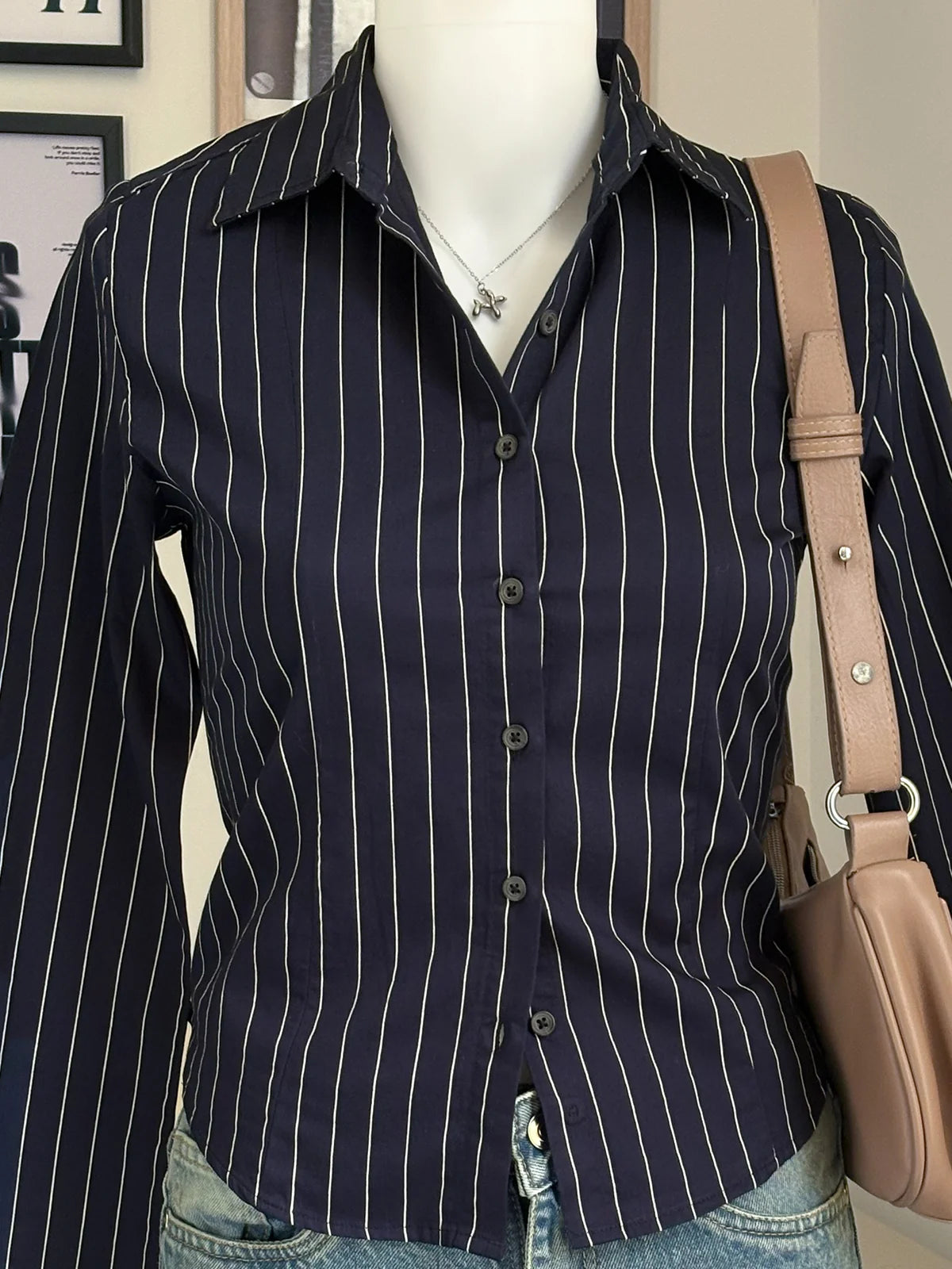 Navy Blue // Striped Flared Sleeve Fitted Shirt