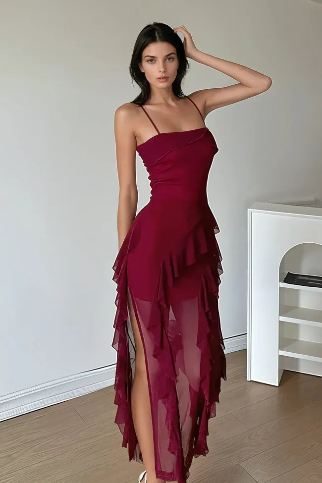 Ruffle Spaghetti Dress // Dark Maroon