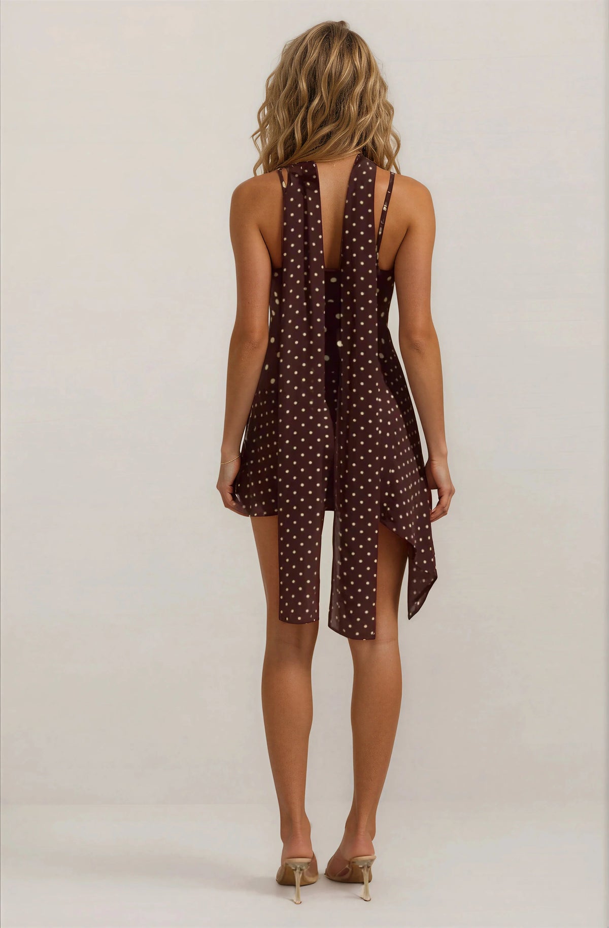 Scoop Neck Mini Dress // Brown-Lemon Polka