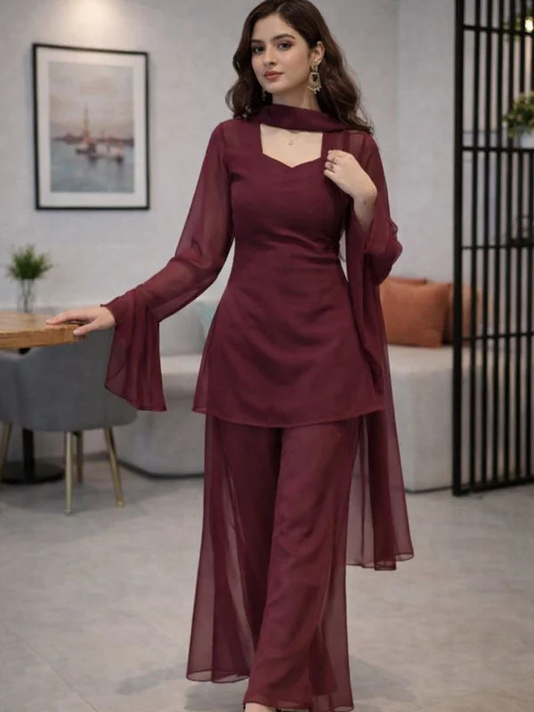 Wine // 3pc Kurta Set with Palazzo & Dupatta
