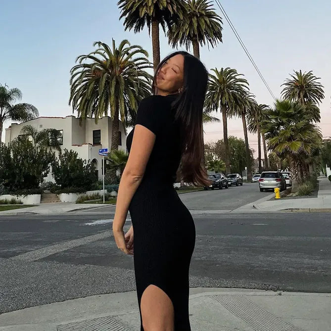 Solid Slit Ribbed Dress // Black