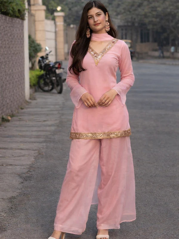 Baby Pink // 3pc Kurta Set with Palazzo & Dupatta