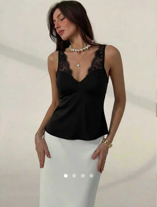 Lace Trimmed Cami Top // Black