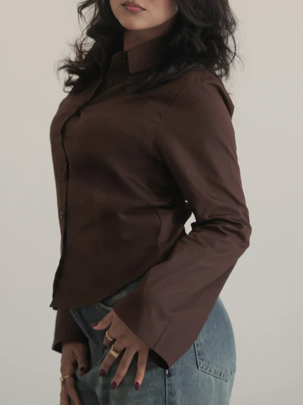 Flared Sleeve Y2K Fitted Shirt // Chocolate Brown