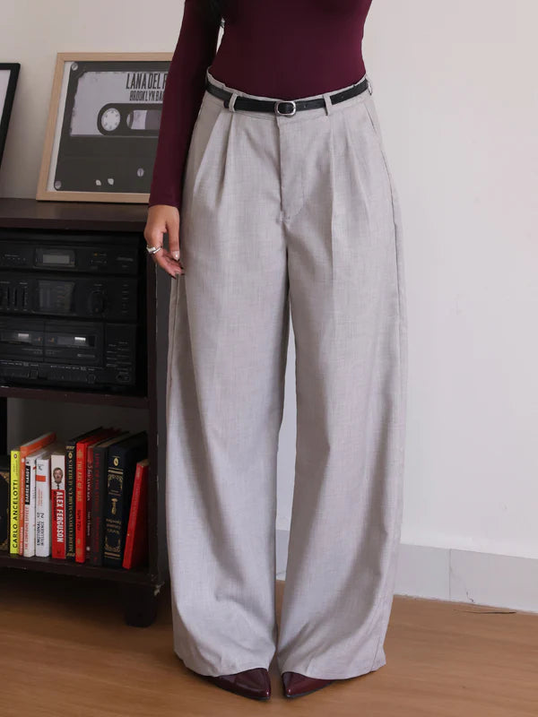Belted Wide Leg Korean Pant // Oat Milk