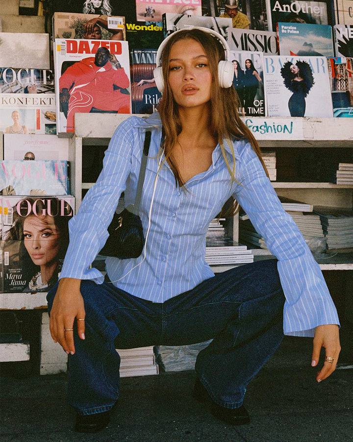 Pinstripes Flared Sleeves Shirt // Blue