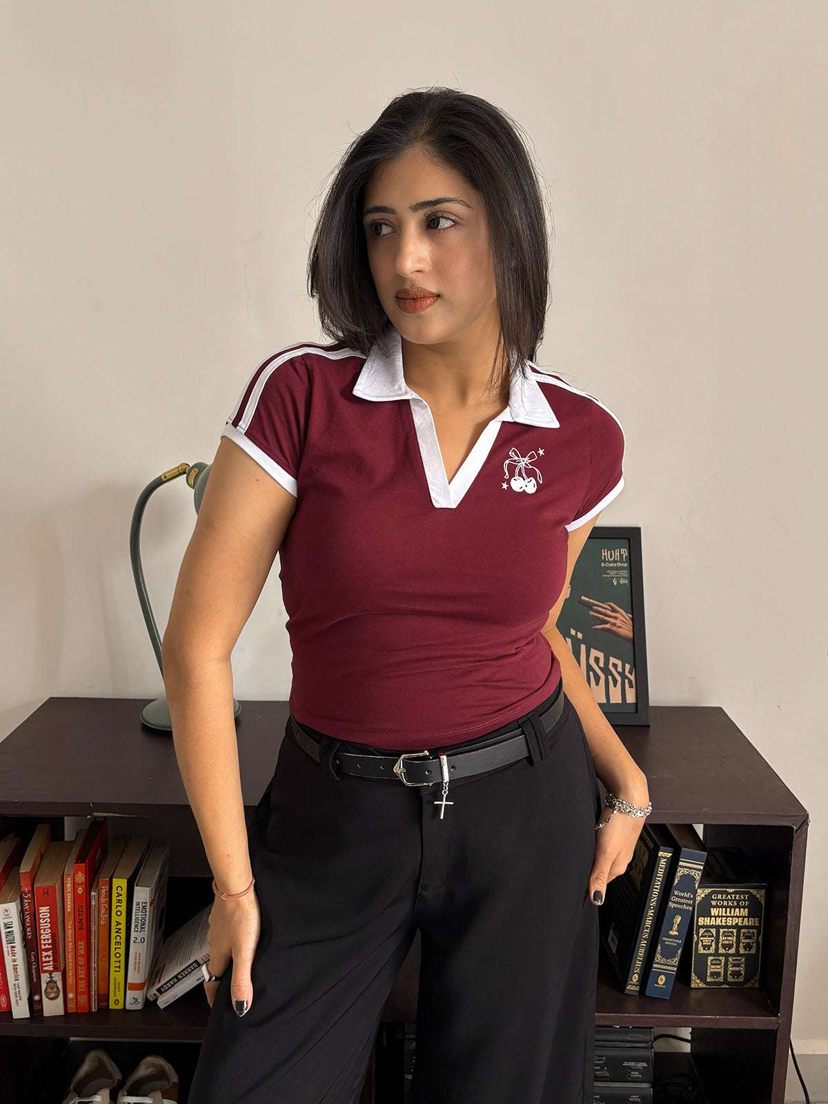 Contrast Detail Embroidered Polo Tee // Deep Cherry