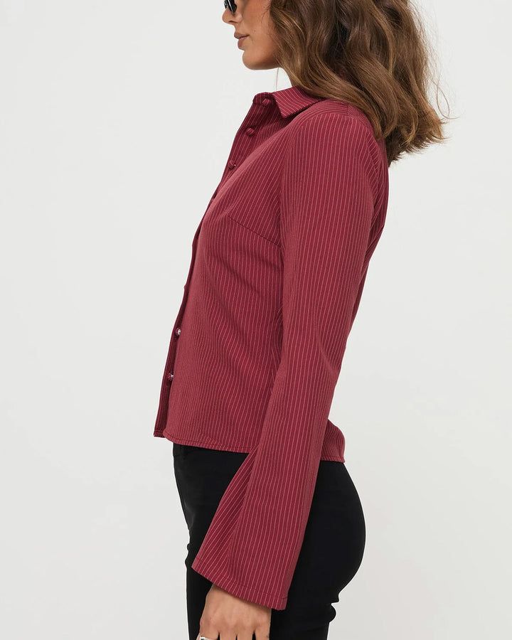 Pinstripes Flared Sleeves Shirt // Red