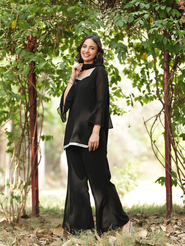 Black // 3pc Kurta Set with Palazzo & Dupatta