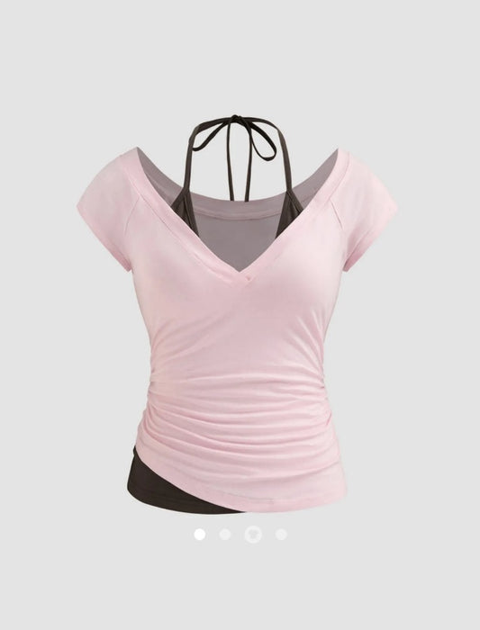 Y2K Ruched V Neck Top // Pink Brown