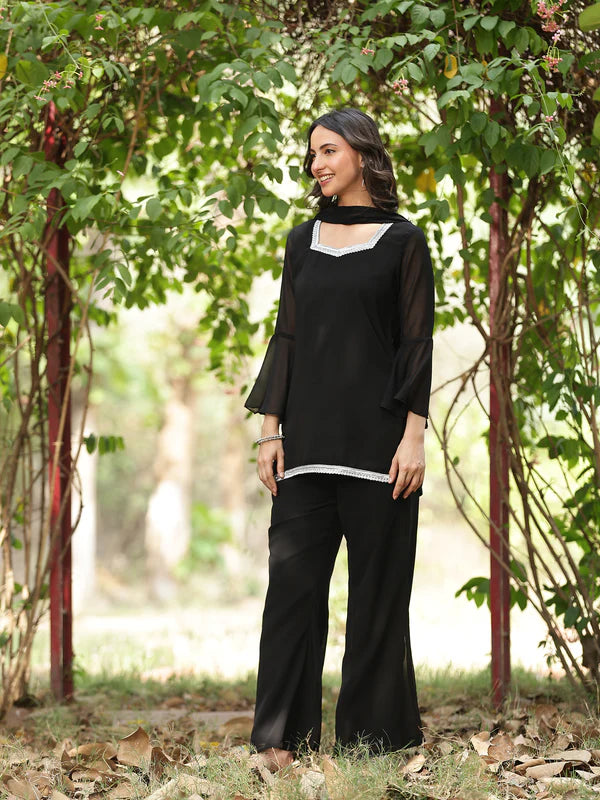 Black // 3pc Kurta Set with Palazzo & Dupatta