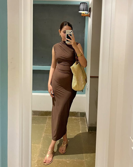 Ruched Bodycon Dress // Brown