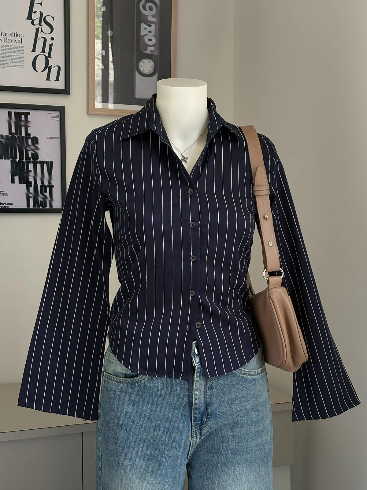 Navy Blue // Striped Flared Sleeve Fitted Shirt
