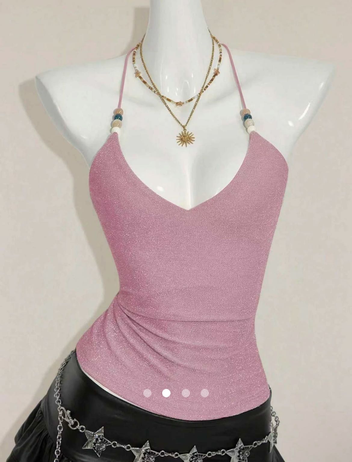 Beads Metallic Halter Top // Pink