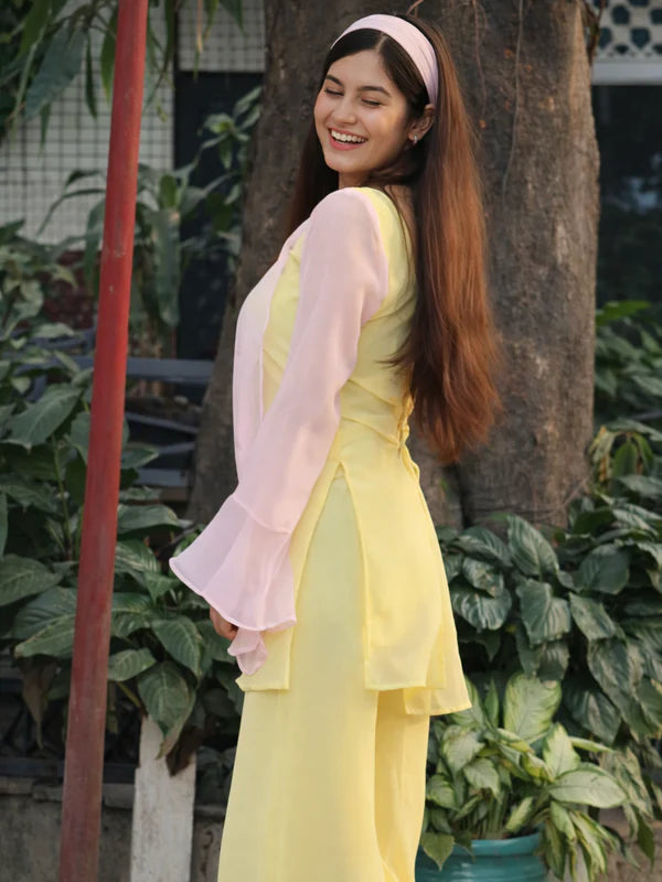Pastel Yellow // 3pc Kurta Set with Palazzo & Sheer Pink Sleeves