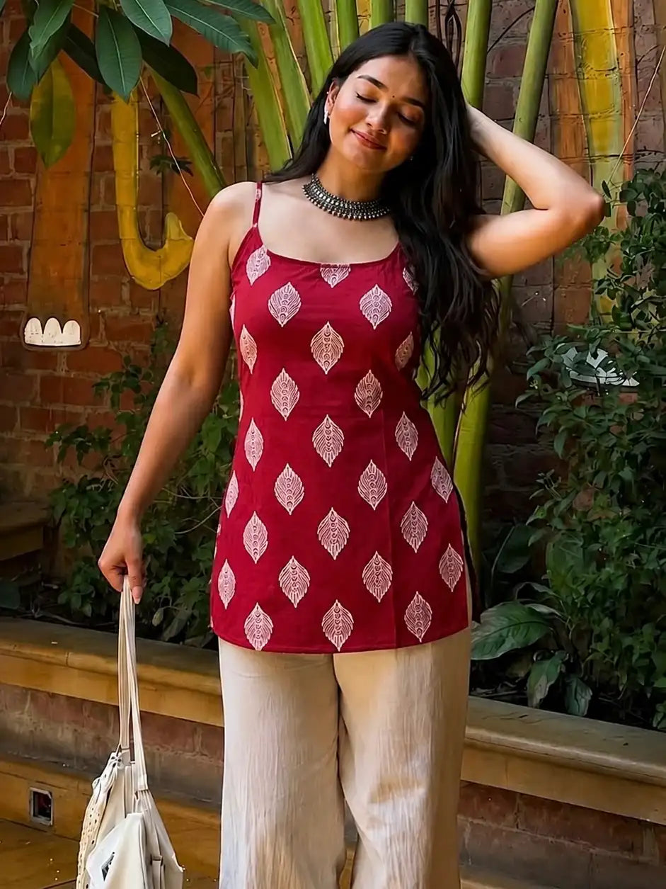 Red // Glittery Short Kurti (100% Cotton)
