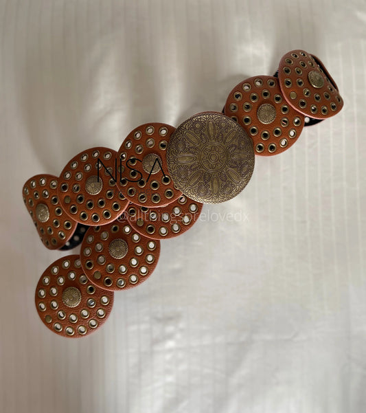 Vintage Round Disc Belt 001  // Tan & Bronze