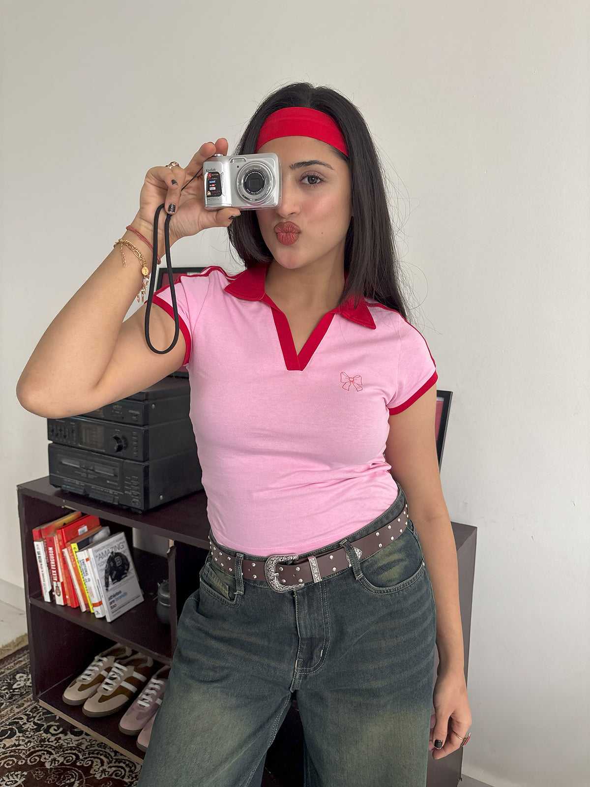 Contrast Detail Bow Graphic Polo Tee // Soft Pink