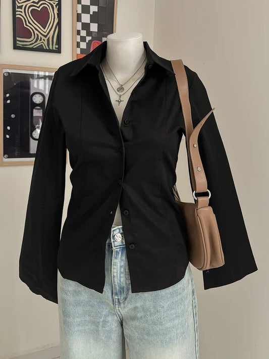 Flared Sleeve Y2K Fitted Shirt // Black
