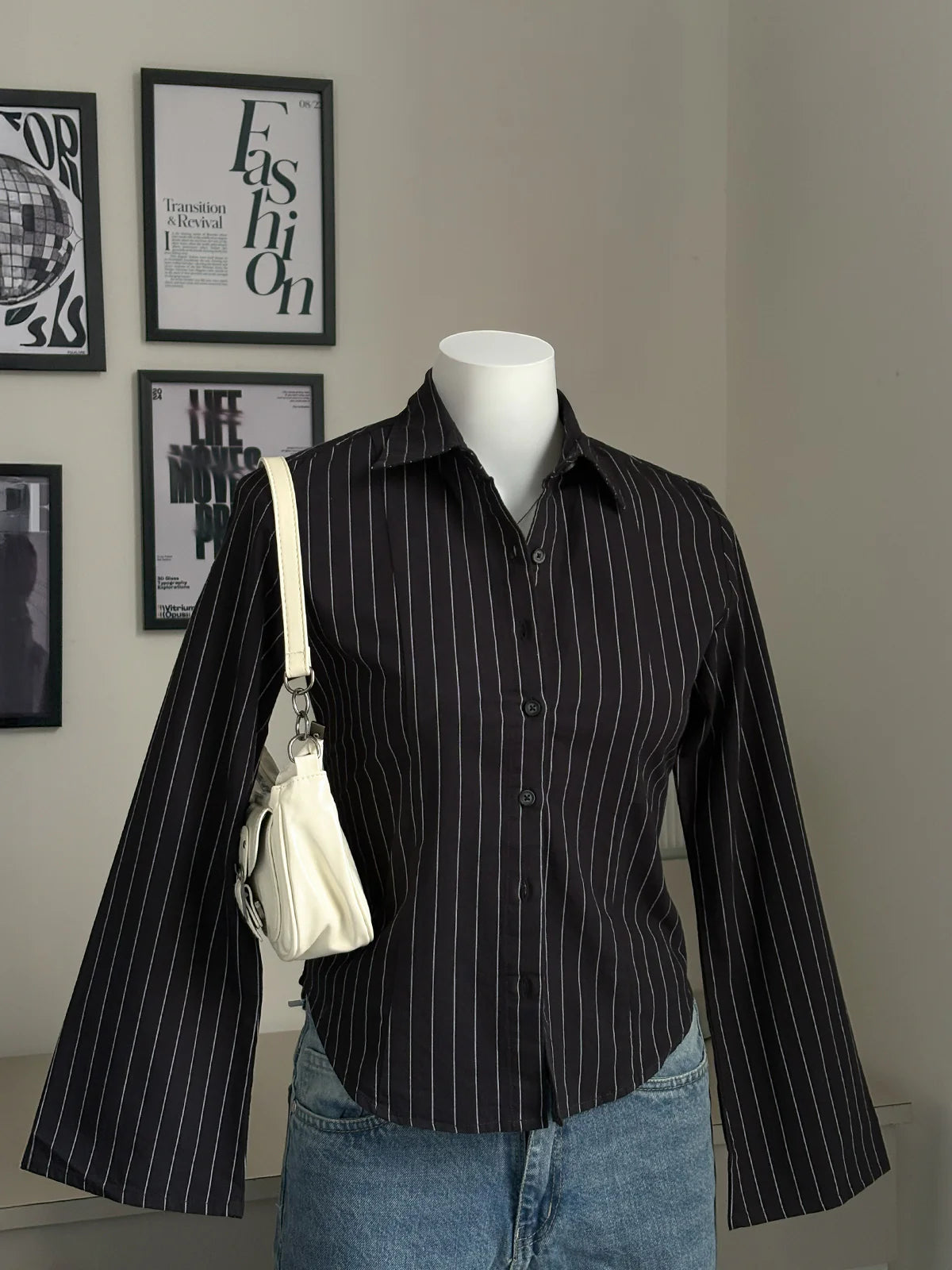 Black // Striped Flared Sleeve Shirt