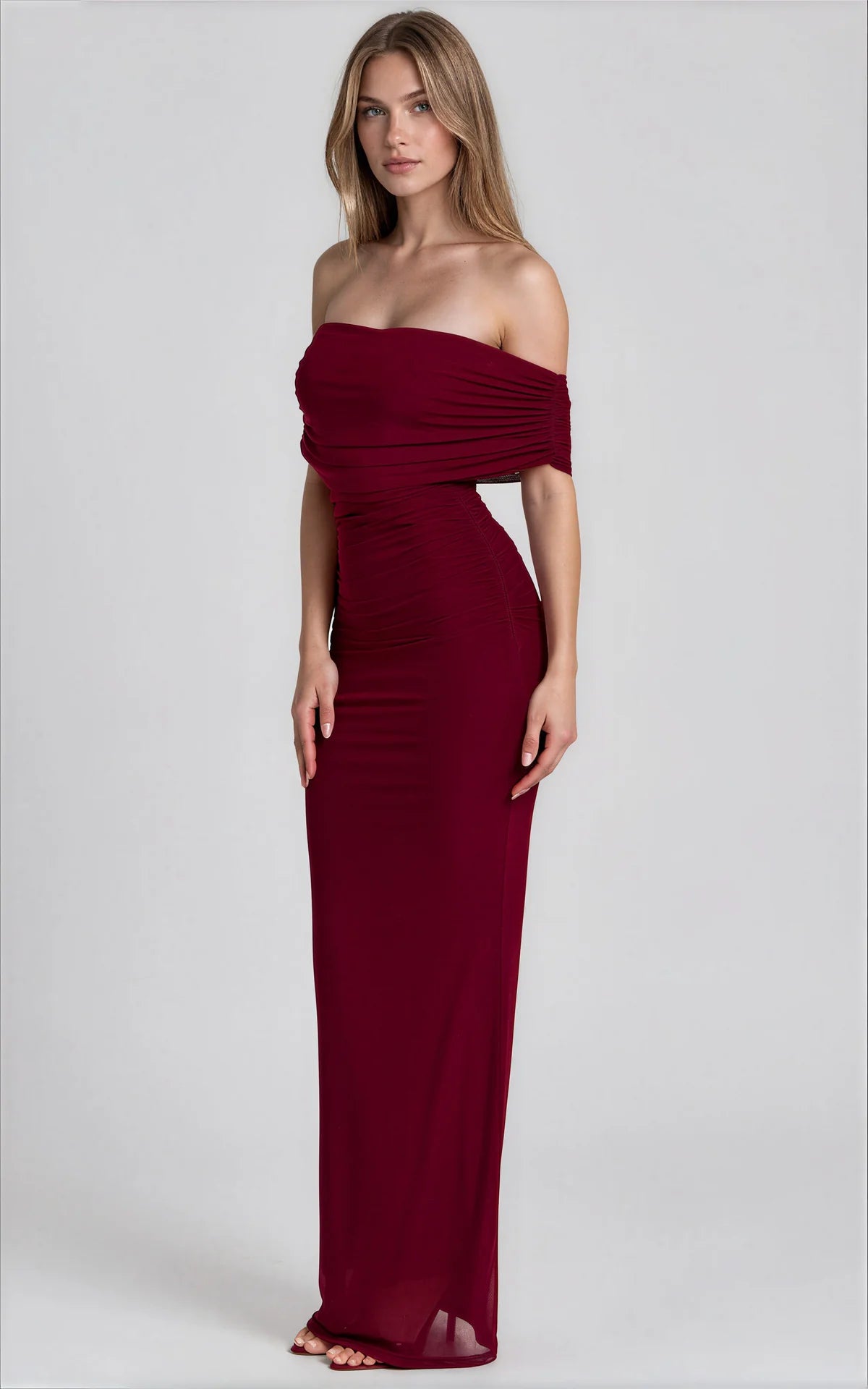 Off Shoulder Mesh Maxi Dress // Wine