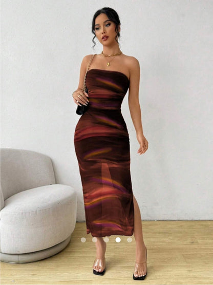 Abstract Print Tube Dress // Brown