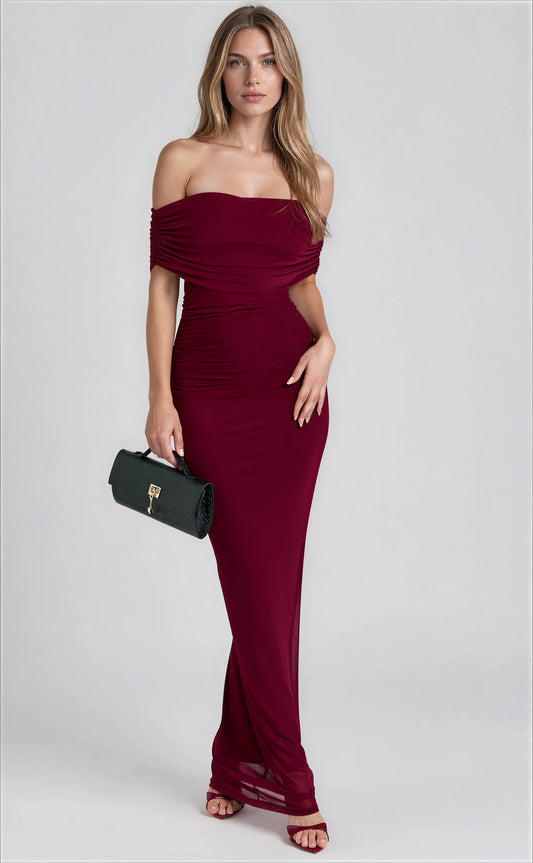 Off Shoulder Mesh Maxi Dress // Wine