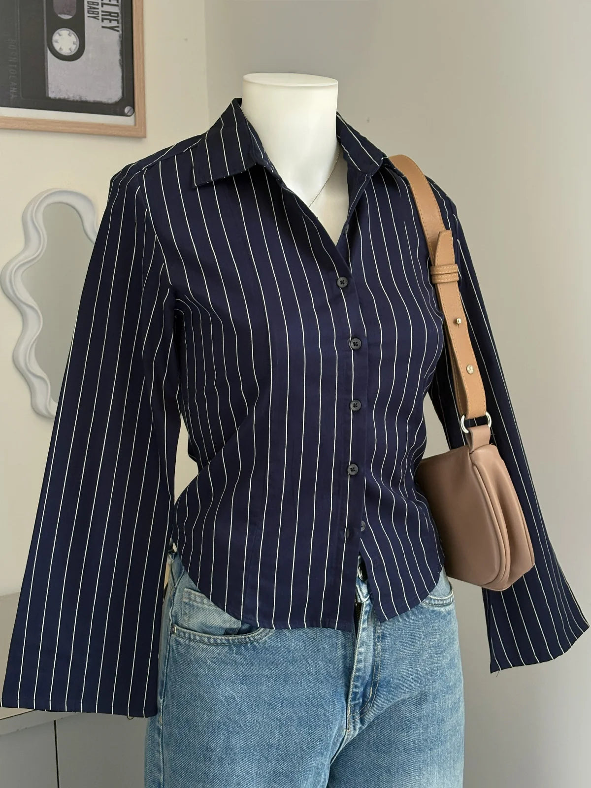 Navy Blue // Striped Flared Sleeve Fitted Shirt