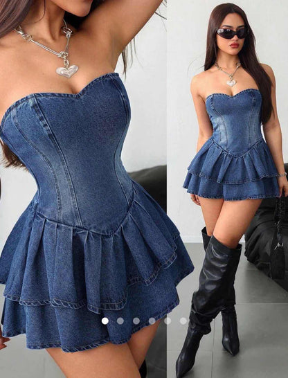 Pleated Denim Tube Dress // Blue