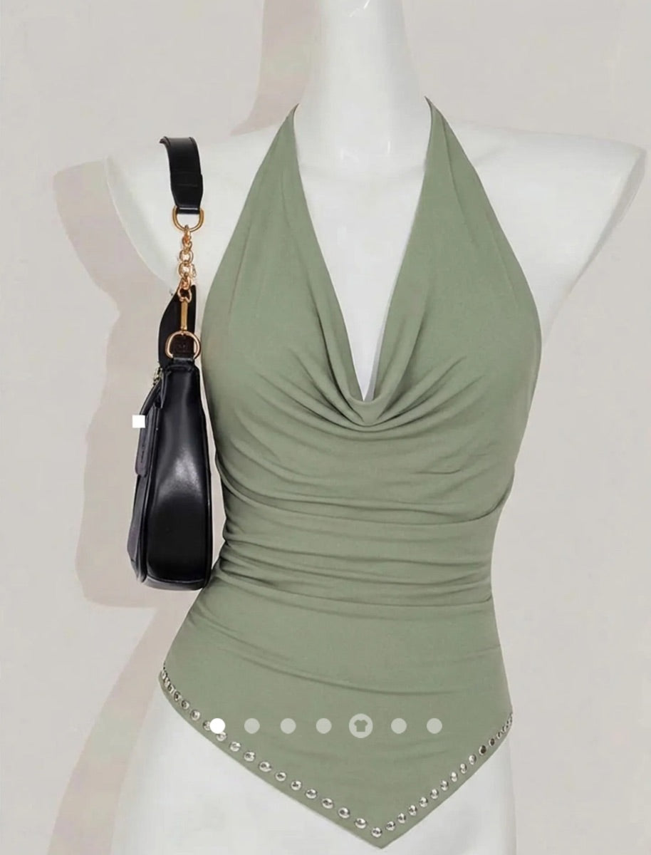Draped Rivet Halter Top // Green