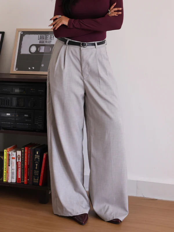 Belted Wide Leg Korean Pant // Oat Milk