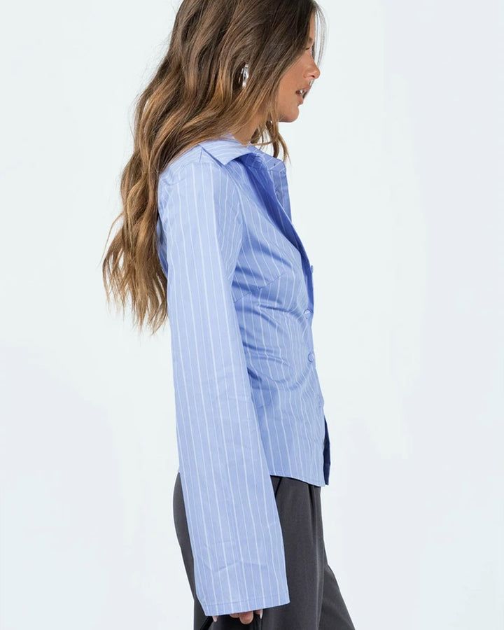 Pinstripes Flared Sleeves Shirt // Blue