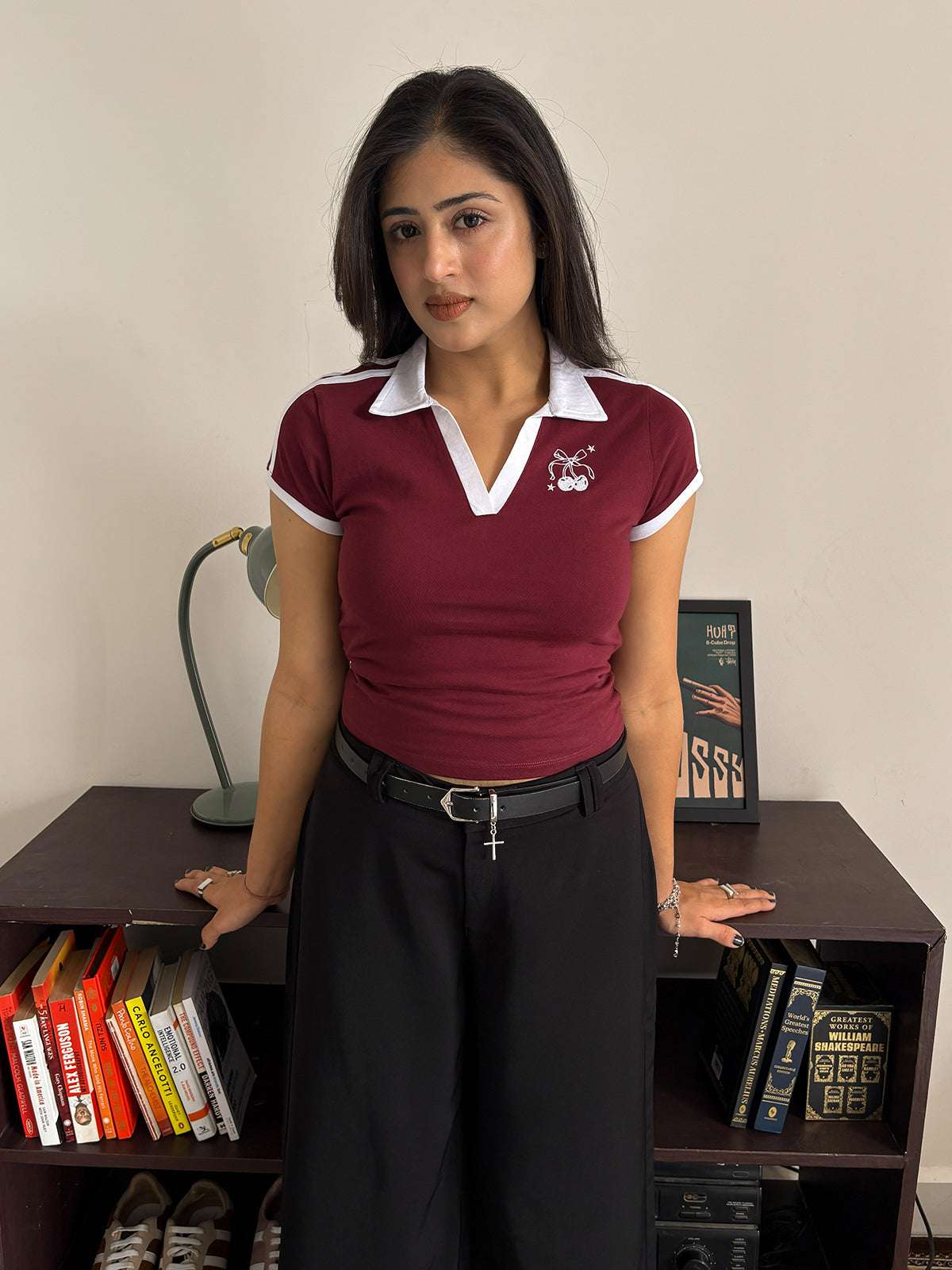 Contrast Detail Embroidered Polo Tee // Deep Cherry