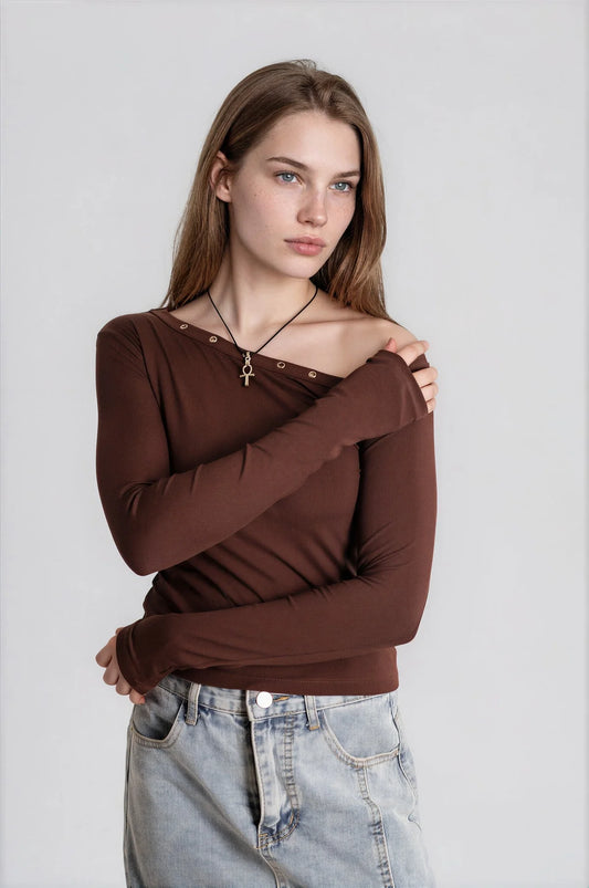 Eyelets One Shoulder Top // Brown